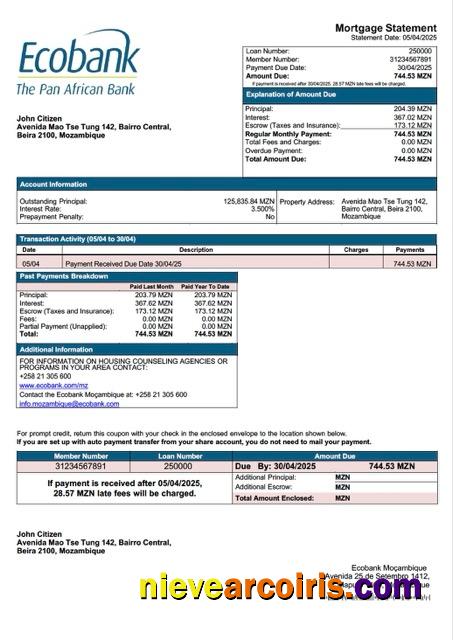 Mozambique Ecobank Moçambique mortgage statement Word and PDF template